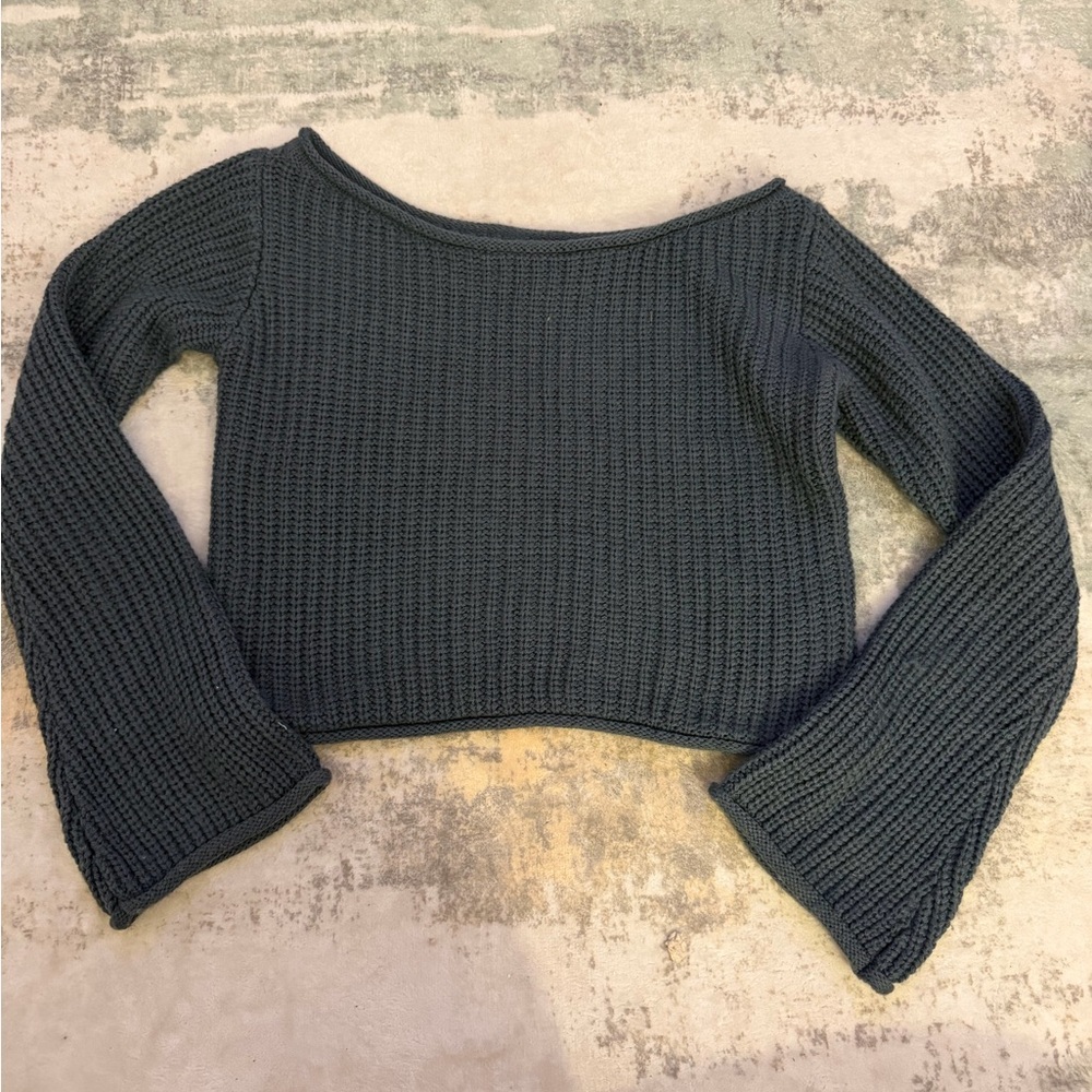 RSQ Dark Gray Off-the-Shoulder Cropped Knit Sweater